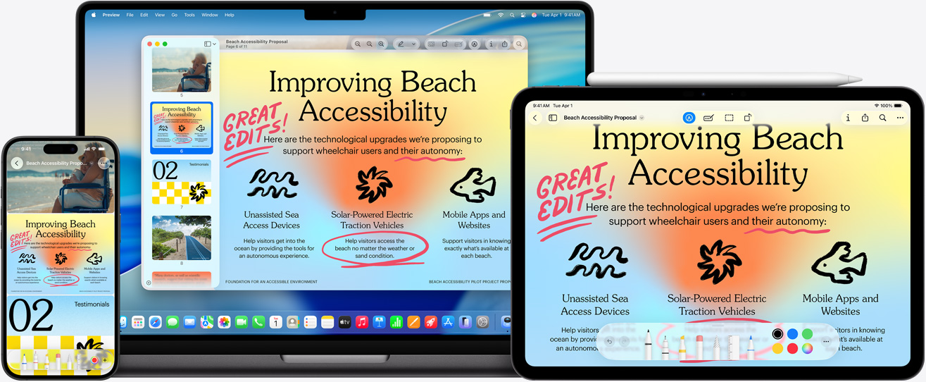 Varios dispositivos Apple, la misma imagen en cada dispositivo, se usó un Apple Pencil para hacer una anotación en la imagen en el iPad, la anotación aparece también en los demás dispositivos
