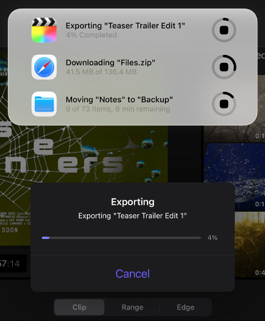 Een lijst met Live Activiteiten die tegelijkertijd worden uitgevoerd. De lijst omvat het exporteren van een trailer, het downloaden van grote bestanden en het verplaatsen van ‘Notities’ naar ‘Back-up’