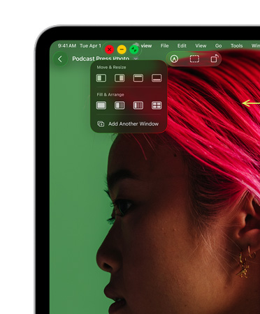 視窗控制項目：紅色按鈕可關閉視窗，黃色按鈕可將視窗縮小，綠色按鈕可放大視窗；還有更多選項，視窗可隨意移動、調整大小和排列