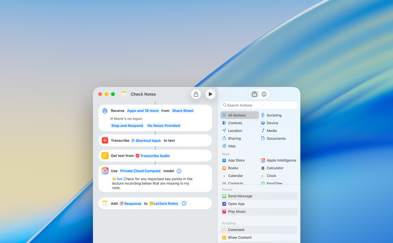 Vue rapprochée de la création d’un raccourci avec l’action Utiliser le modèle dans l’app Notes