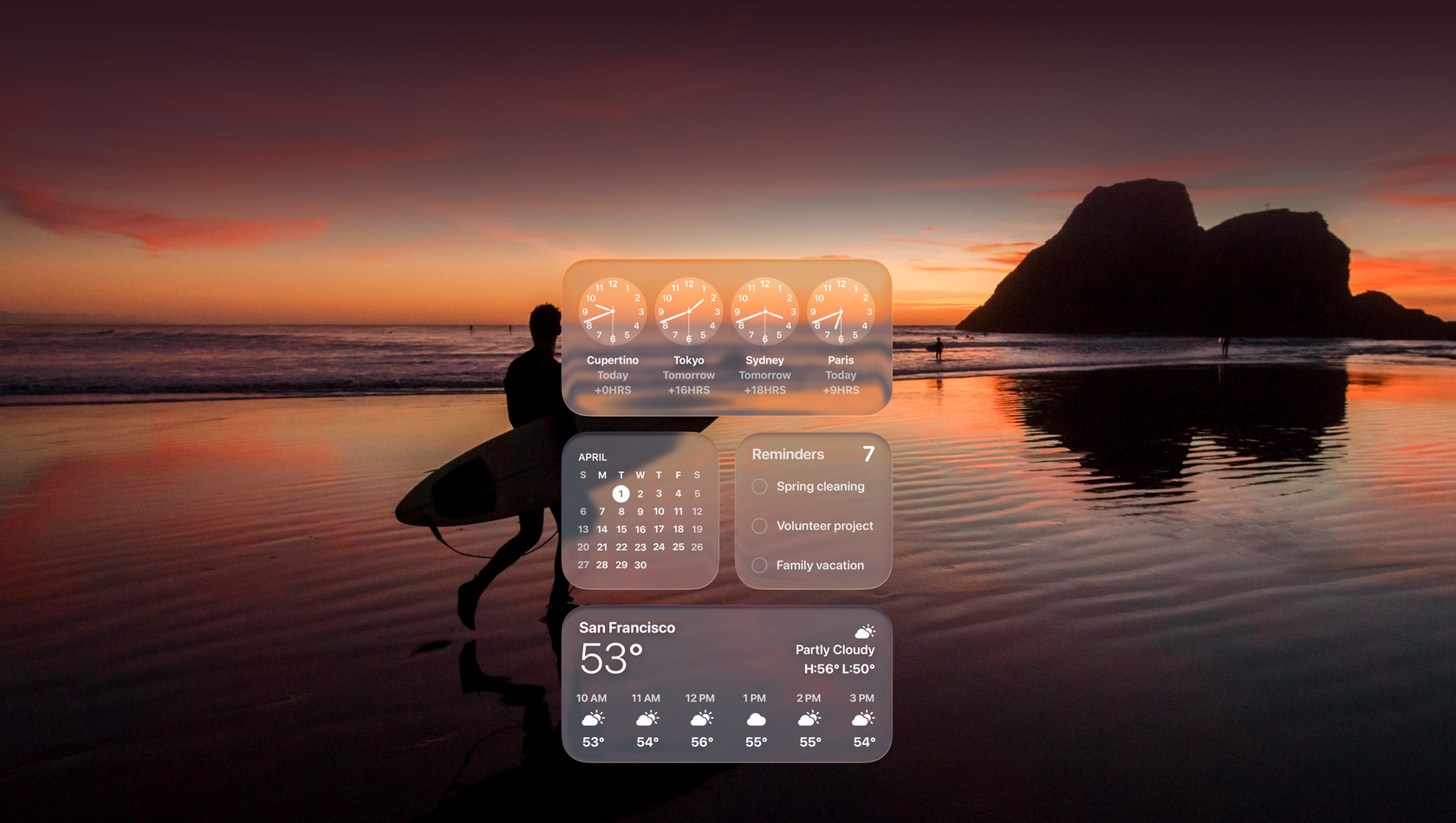 Widgets Horloge, Calendrier, Rappels et Météo en Liquid Glass devant l’image d’un surfeur marchant sur la plage au crépuscule