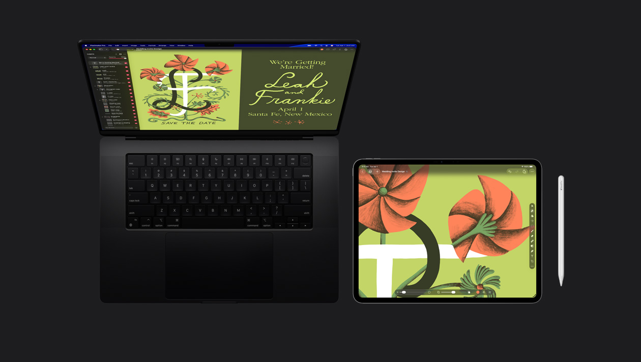 MacBook Pro 16 screen showing an illustration of a wedding invitation with a stylized orange flower on a green background and the letters L and F with save the date, iPad Pro showing an illustration of a stylized orange flower on a green background and tools bars, Apple Pencil sits to the right of iPad Pro