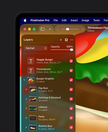 MacBook Pro 16 screen, colourful illustration of a hamburger, Pixelmator Pro arrange tools