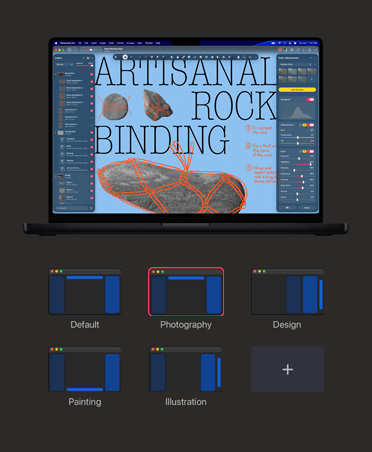 MacBook Pro 16 screen, image about artisanal rock binding, colour adjustment and white balance tools
