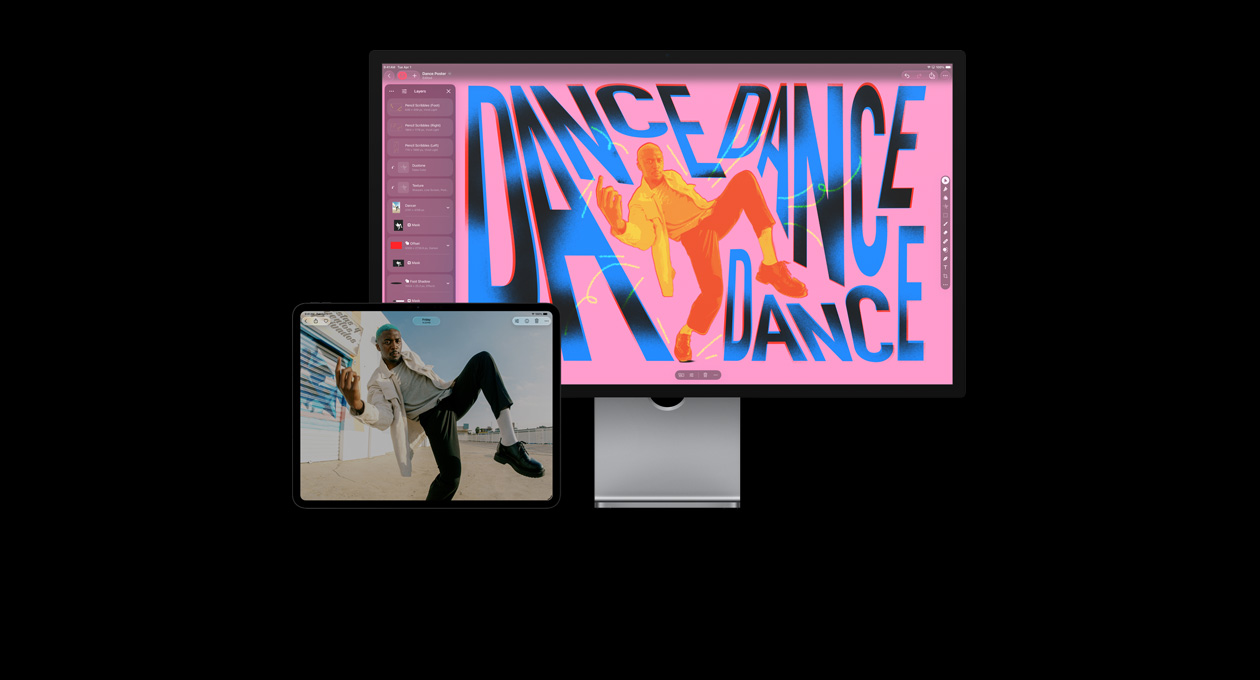 iPad Pro 13 screen, photo of a man dancing, iMac screen, same photo of a man but retouched to add colour and type
