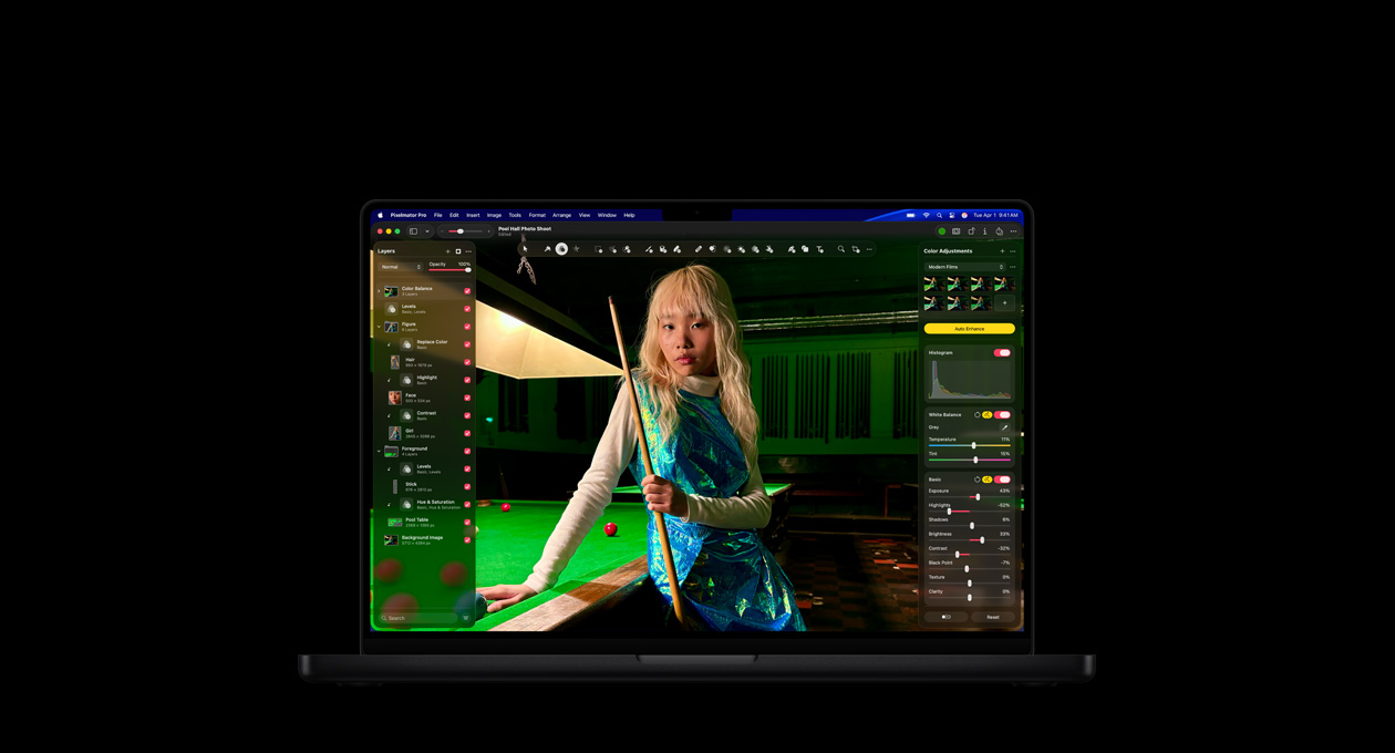 MacBook Pro 16 screen, photo of a woman in pool hall, colour adjustment tools