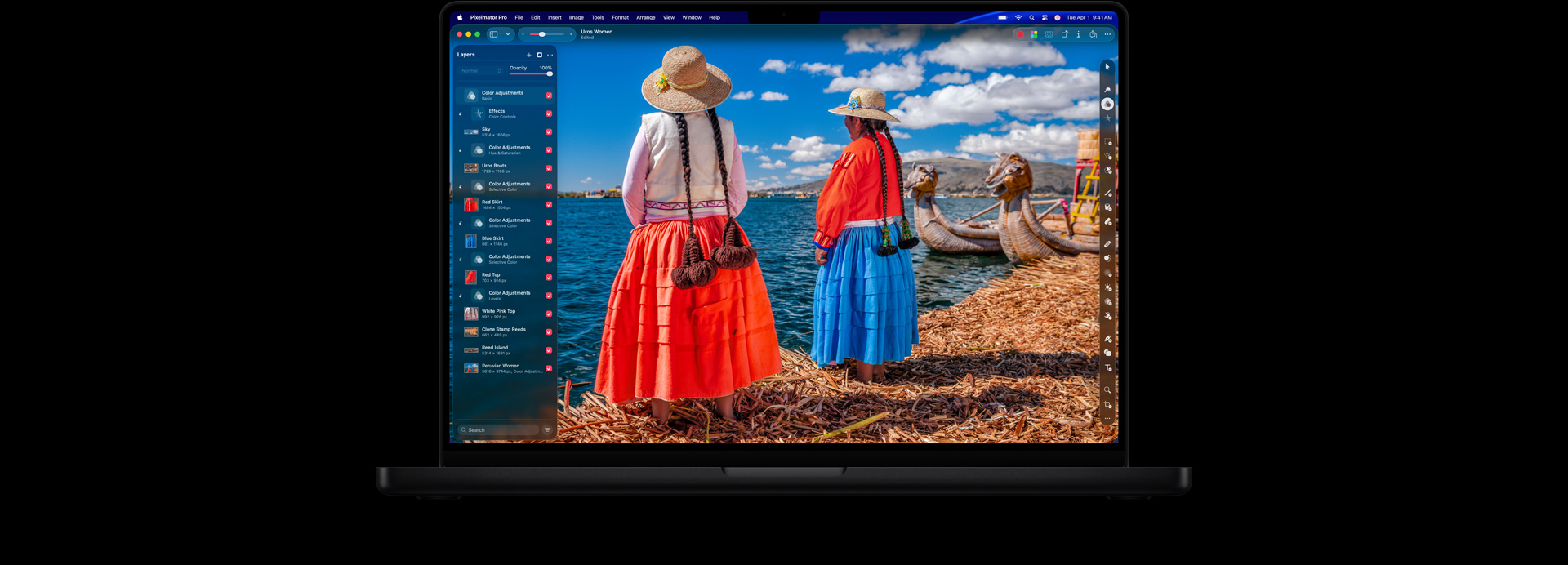 MacBook Pro 16 screen, photo of two women in brightly coloured outfits, colour editing tools