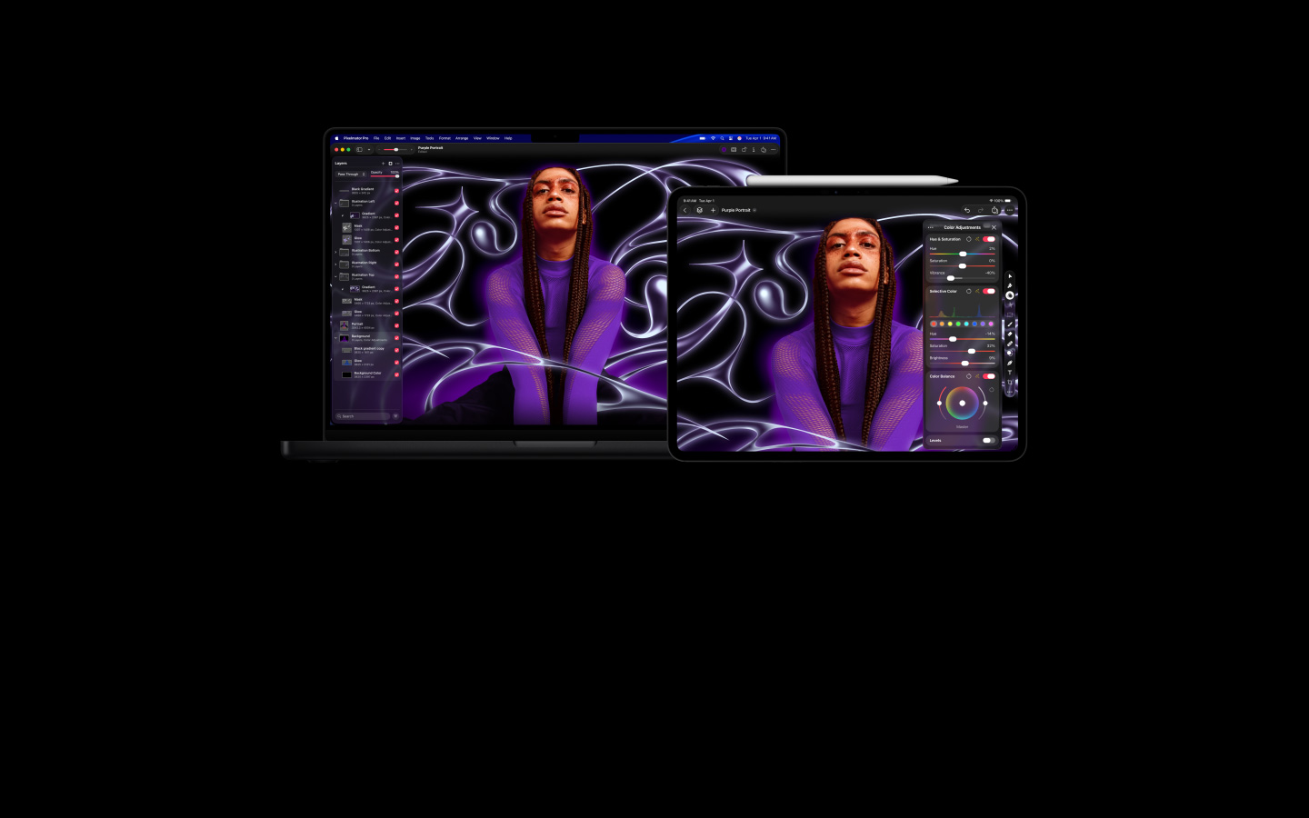 Image of person with braids and wearing a purple sweater with stylised abstract background, moves into MacBook Pro 16″ and iPad Pro 13″ devices, screens show the Pixelmator Pro workspace with layers panel on the side, image editing