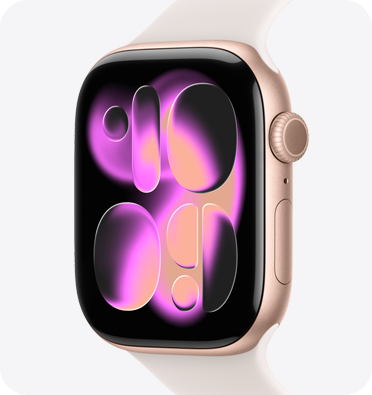 Apple Watch Series 11, boîtier en aluminium, couleur or rose, cadran Responsive Art, côté droit, Digital Crown, micro, bouton latéral, Bracelet Sport, couleur rose tendre