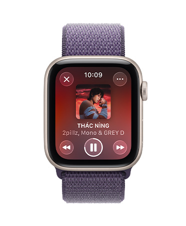 Apple Watch SE 3, vỏ nhôm, màu ánh sao, phát nhạc, Apple Music, cạnh phải, Digital Crown, dây đeo, Dây Quấn Thể Thao, màu tím sương khói