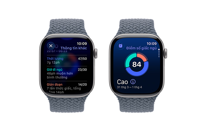 Apple Watch Series 11, space gray color, aluminum case, sleep score notification, right side exterior, Digital Crown, Braided Solo Loop, anchor blue color