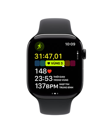 Apple Watch Series 11, aluminum case, polished jet black color, Outdoor Run workout open, heart rate in Heart Zone 3, right side exterior: Digital Crown, black Sport Band