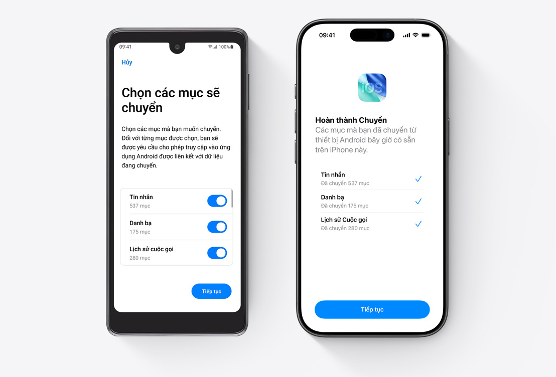 Side-by-side, Android screen showing Move to iOS App, iPhone screen showing Move to iOS App