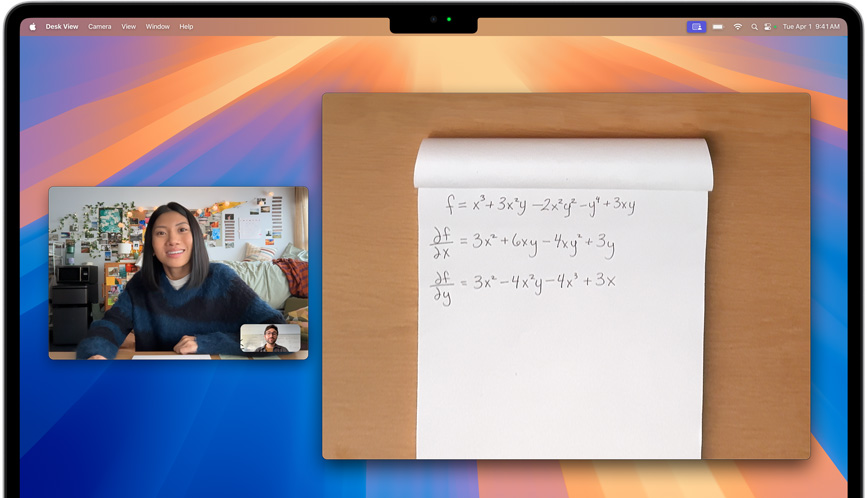 Một cuộc gọi video sử dụng chế độ Desk View, hiển thị thêm hình ảnh không gian làm việc của người dùng vào cuộc gọi