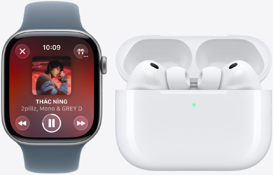 Apple Watch Series 11, Apple Music app, now playing, AirPods Pro 3, white, earbuds, silicone tips, microphone, MagSafe Charging case, open, rounded corners